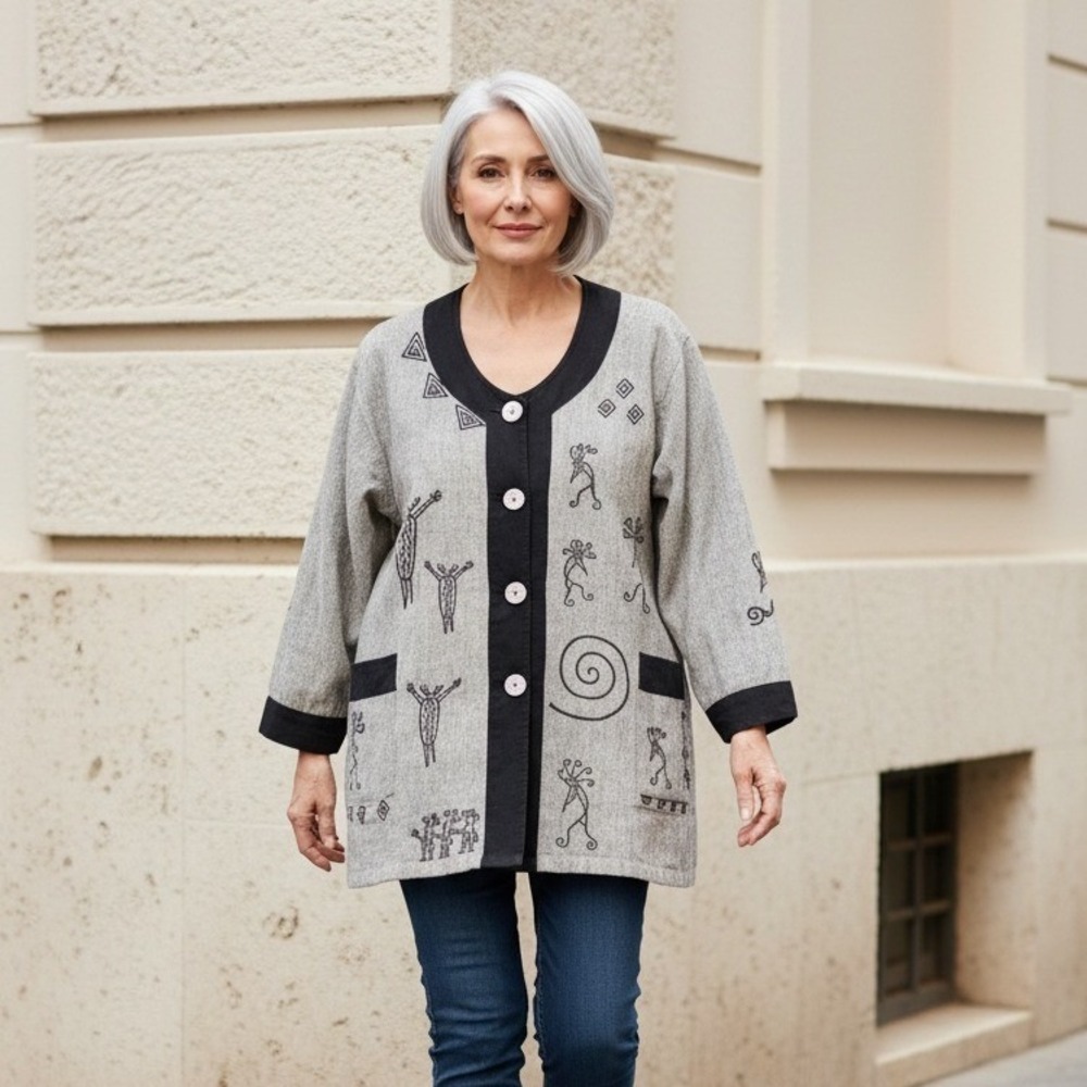 Venus Imports Size S Kokopelli Print Jacket Gray Black Embroidered Cotton Tribal